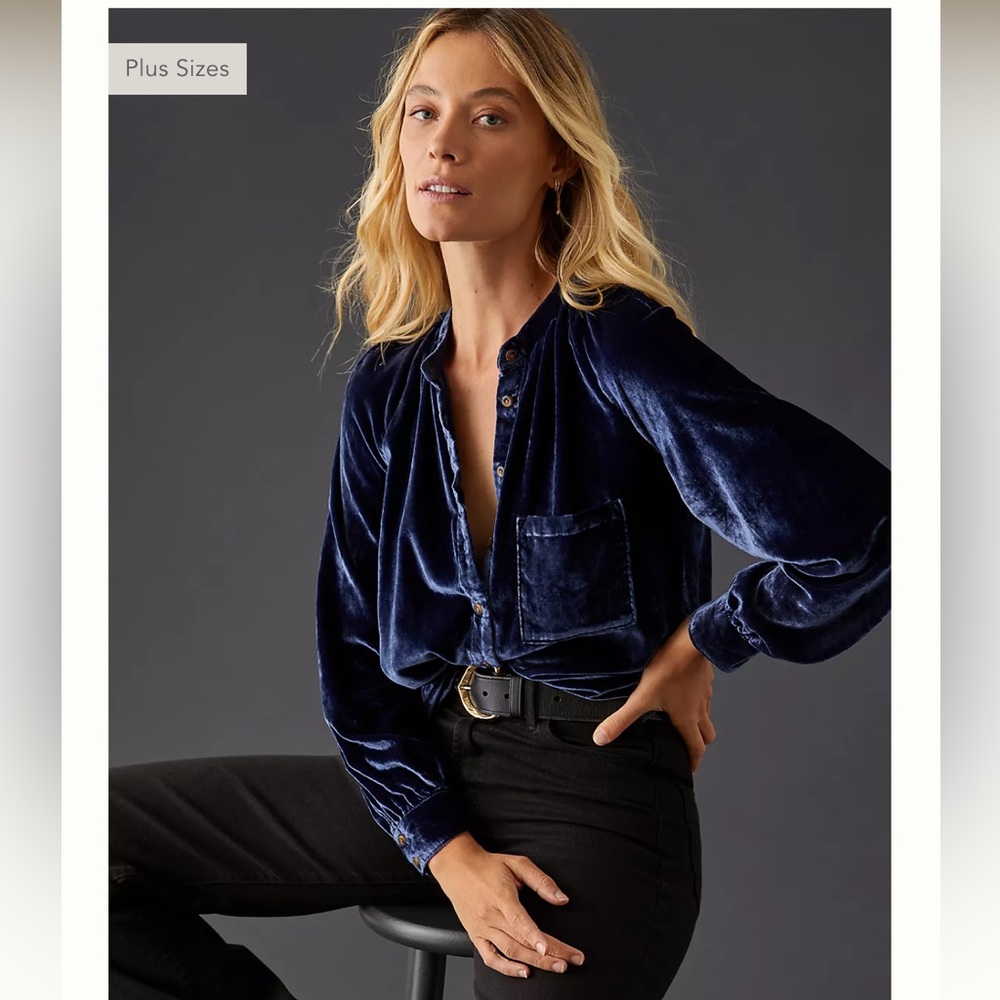 Anthropology Pilcro Velvet Femme Buttondown Shirt: Colour Navy (X small)